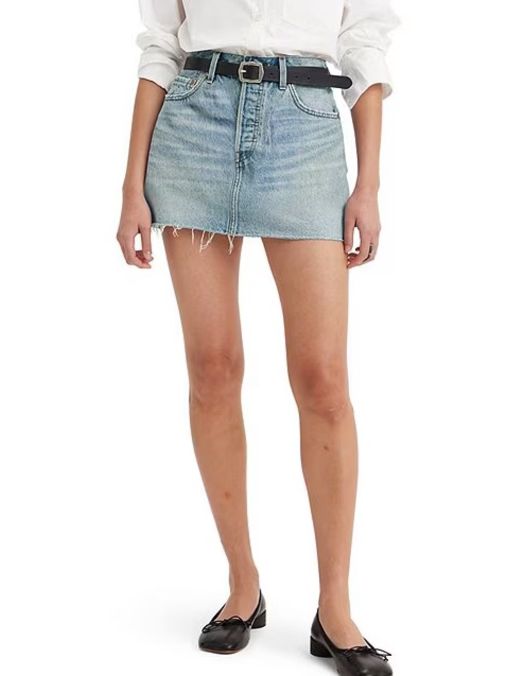 LEVIS Icon Denim Mini Skirt Distressed Hem Buttons Size 32 Blue Jean